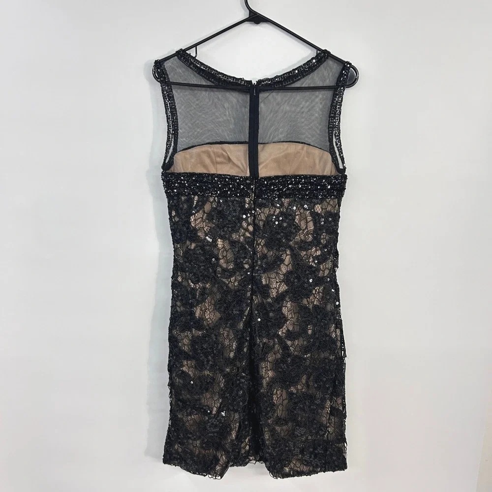 Rina di Montella Black Lace Sequin Cocktail Dress 10 Illusion Mesh Beaded Formal